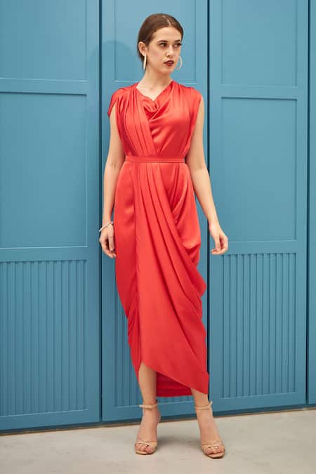 Shop_Naina Seth_Orange Satin, Silk Cowl Neck Burnt Draped Midi Dress _Online_at_Aza_Fashions