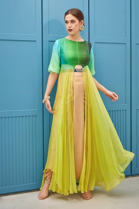 Buy_Naina Seth_Green Chiffon, Silk Round Neck And Dhoti Kurta Set_Online_at_Aza_Fashions