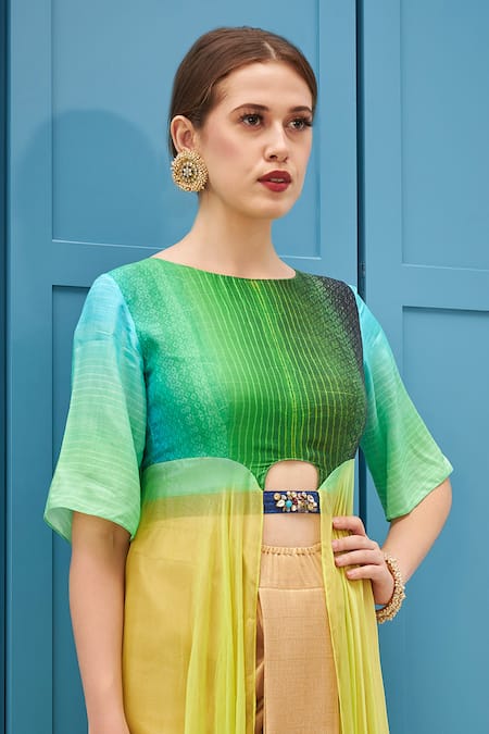 Naina Seth_Green Chiffon, Silk Round Neck And Dhoti Kurta Set_at_Aza_Fashions