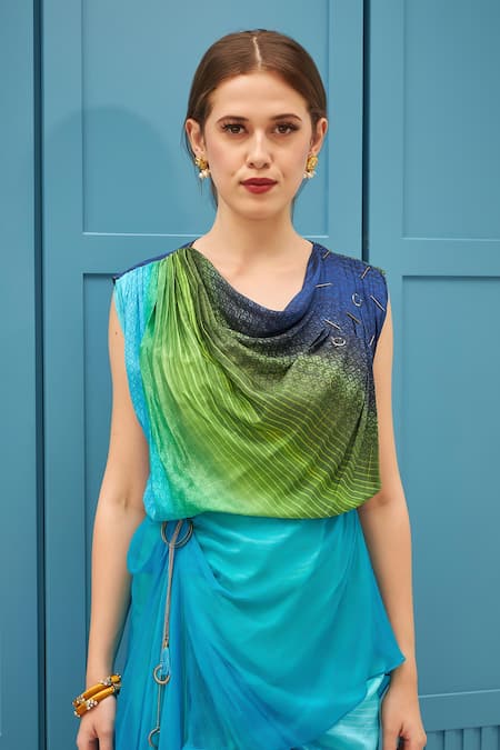 Naina Seth_Blue Silk, Chiffon Asymmetric And Green Designer Gown _Online_at_Aza_Fashions