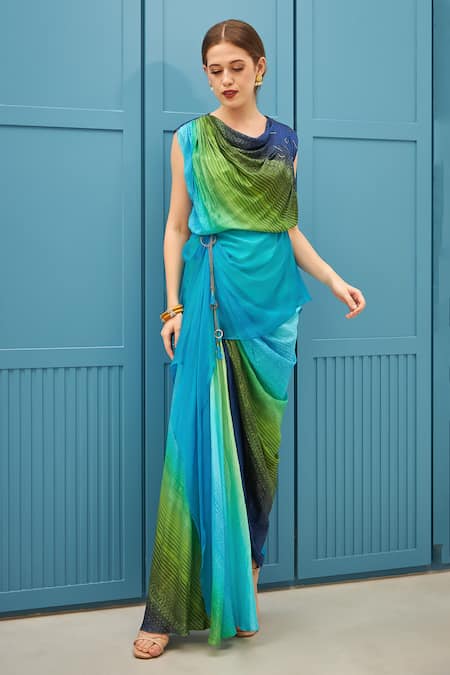 Buy_Naina Seth_Blue Silk, Chiffon Asymmetric And Green Designer Gown _Online_at_Aza_Fashions