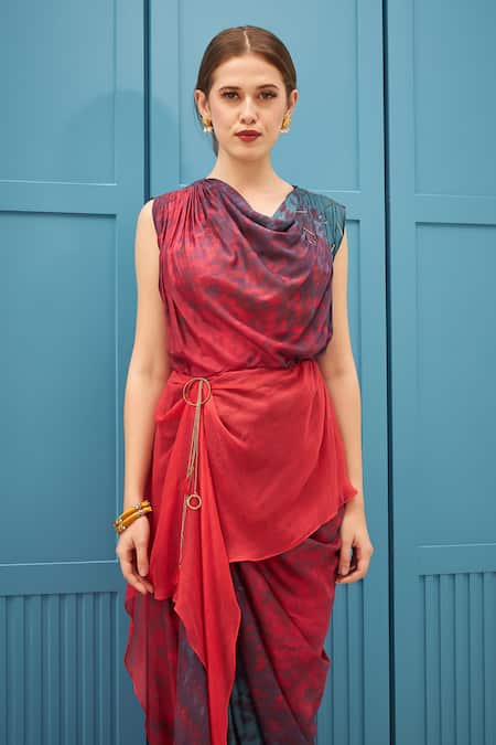 Buy_Naina Seth_Red Silk, Chiffon And Teal Blue Designer Gown _Online_at_Aza_Fashions