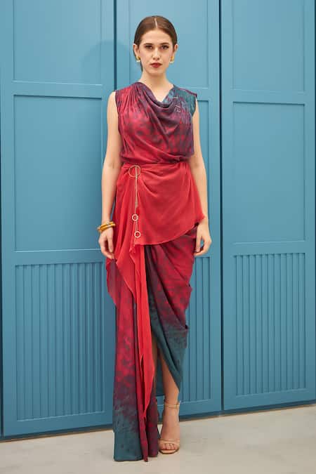 Shop_Naina Seth_Red Silk, Chiffon And Teal Blue Designer Gown _Online_at_Aza_Fashions