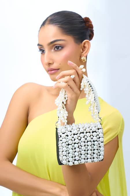 Nazaakat By Samara Singh Black Velvet Pearl Embellished Clutch 