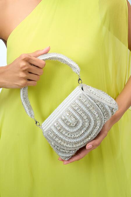 Shop_Nazaakat By Samara Singh_White Beads Embellished Suede Handbag _Online_at_Aza_Fashions
