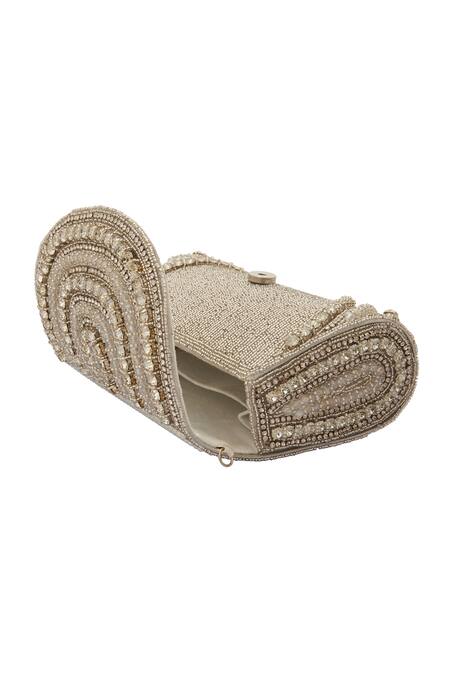 Nazaakat By Samara Singh_White Beads Embellished Suede Handbag _at_Aza_Fashions