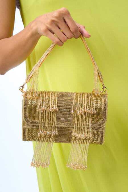 Nazaakat By Samara Singh_Gold Beads, Fringe Beaded Clutch Bag _Online_at_Aza_Fashions