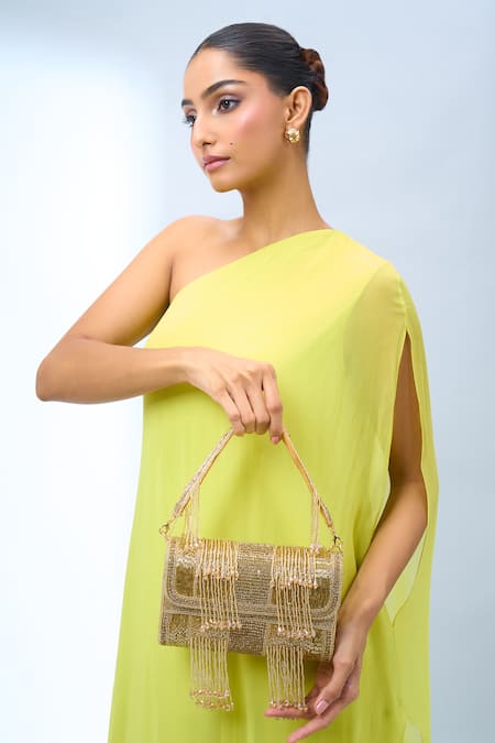 Samyukta Singhania Gold Beaded Fringe Clutch Bag 