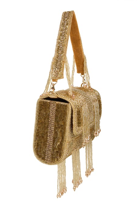 Buy_Nazaakat By Samara Singh_Gold Beads, Fringe Beaded Clutch Bag _Online_at_Aza_Fashions