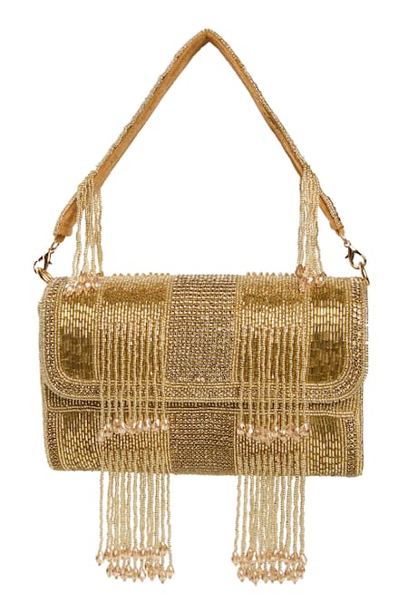 Nazaakat By Samara Singh Gold Beaded Fringe Clutch Bag 