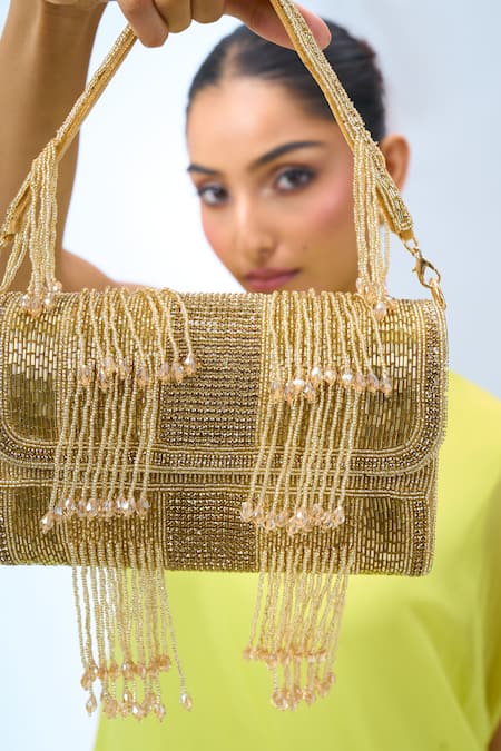 Shop_Nazaakat By Samara Singh_Gold Beads, Fringe Beaded Clutch Bag _Online_at_Aza_Fashions