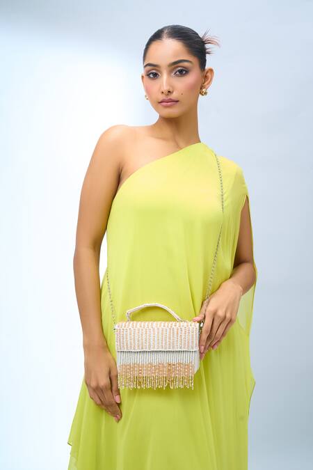 Nazaakat By Samara Singh_Off White Beads, Fringe Beaded Velvet Clutch _at_Aza_Fashions