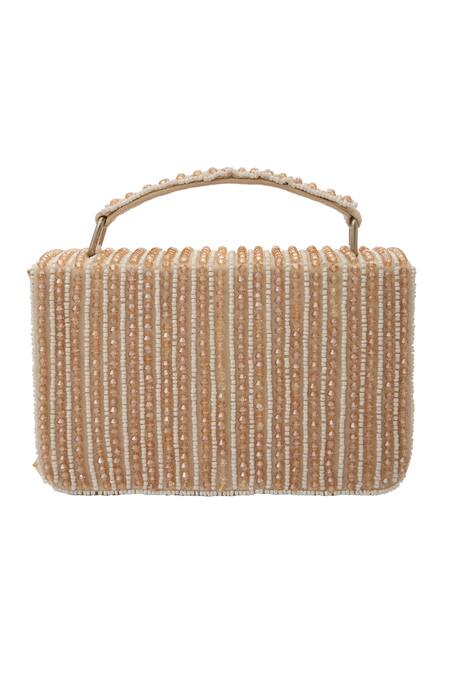Buy_Nazaakat By Samara Singh_Off White Beads, Fringe Beaded Velvet Clutch 