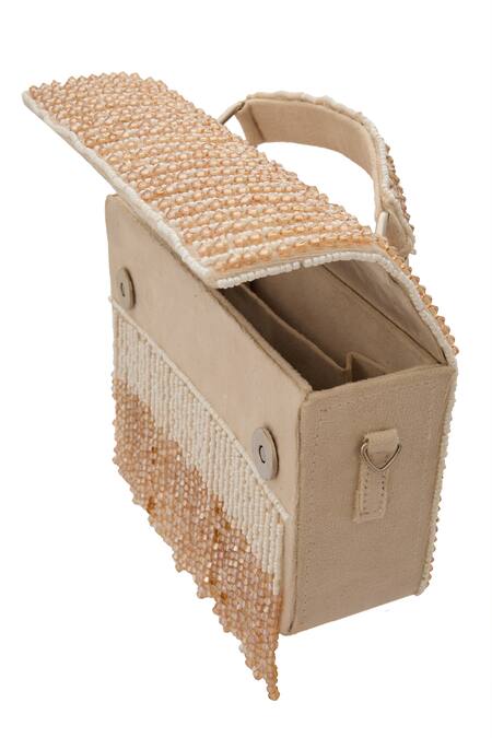 Shop_Nazaakat By Samara Singh_Off White Beads, Fringe Beaded Velvet Clutch 
