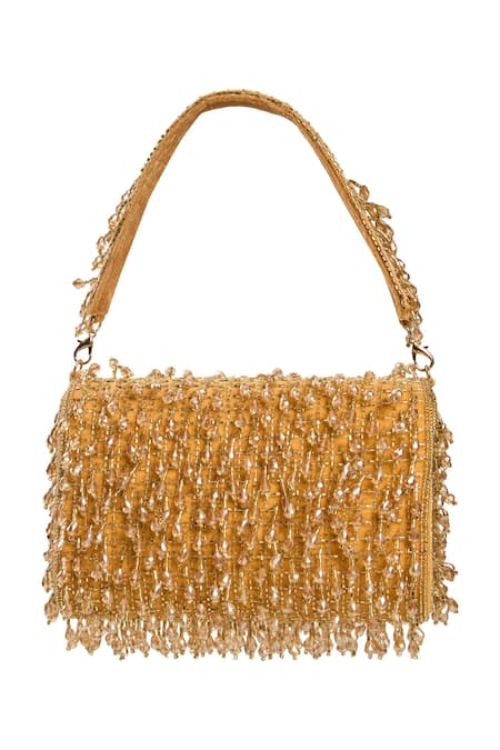 Nazaakat By Samara Singh Gold Suede Handbag with Beaded Embellishments 