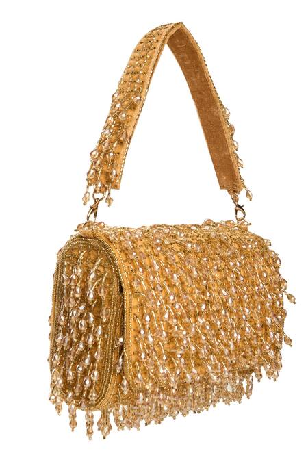 Shop Nazaakat By Samara Singh Gold Beads, Sequins Suede Handbag With Beaded Embellishments Online at Aza Fashions Shop_Nazaakat By Samara Singh_Gold Beads, Sequins Suede Handbag With Beaded Embellishments _Online_at_Aza_Fashions