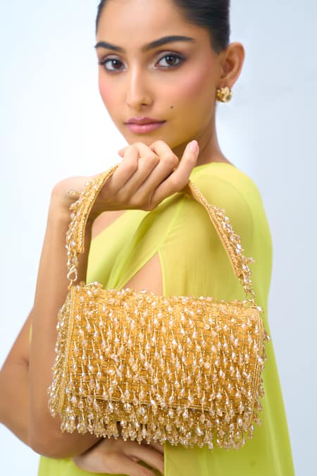 Samyukta Singhania Gold Suede Handbag with Beaded Embellishments 