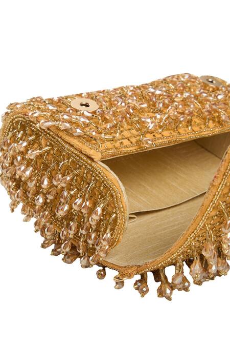Nazaakat By Samara Singh Gold Beads, Sequins Suede Handbag With Beaded Embellishments at Aza Fashions Nazaakat By Samara Singh_Gold Beads, Sequins Suede Handbag With Beaded Embellishments _at_Aza_Fashions