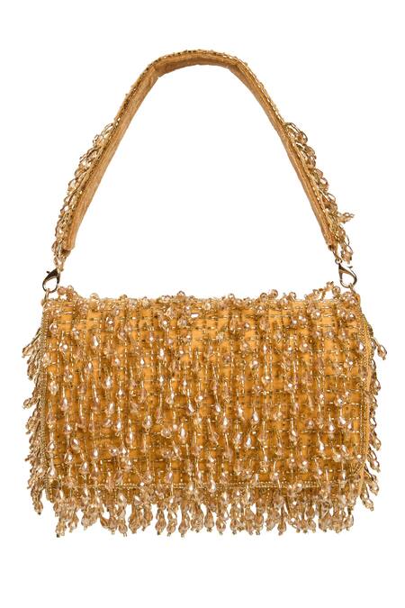Buy Nazaakat By Samara Singh Gold Beads, Sequins Suede Handbag With Beaded Embellishments Buy_Nazaakat By Samara Singh_Gold Beads, Sequins Suede Handbag With Beaded Embellishments