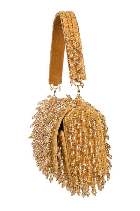 Shop Nazaakat By Samara Singh Gold Beads, Sequins Suede Handbag With Beaded Embellishments Shop_Nazaakat By Samara Singh_Gold Beads, Sequins Suede Handbag With Beaded Embellishments