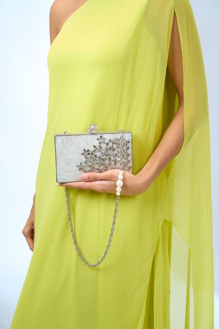Shop_Nazaakat By Samara Singh_Silver Rhinestones Embellished Clutch With Chain_Online_at_Aza_Fashions