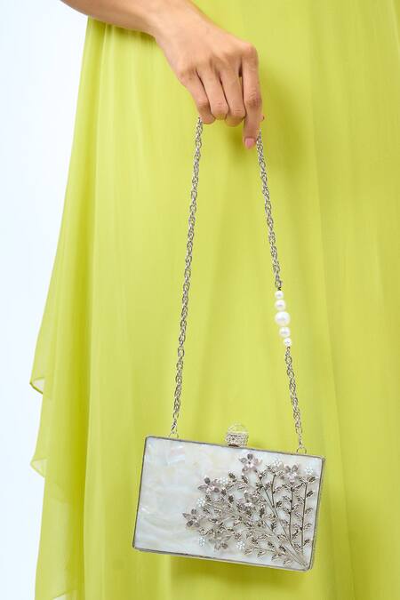 Nazaakat By Samara Singh_Silver Rhinestones Embellished Clutch With Chain_at_Aza_Fashions