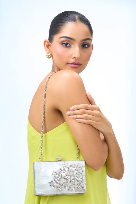 Shop_Nazaakat By Samara Singh_Silver Rhinestones Embellished Clutch With Chain