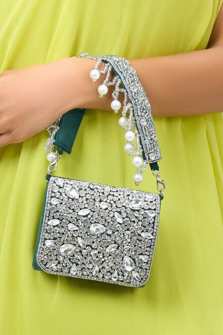 Shop Nazaakat By Samara Singh Green Rhinestones, Pearls Embellished Velvet Clutch Bag Online at Aza Fashions Shop_Nazaakat By Samara Singh_Green Rhinestones, Pearls Embellished Velvet Clutch Bag _Online_at_Aza_Fashions