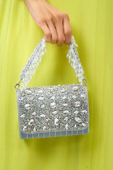 Buy Nazaakat By Samara Singh Gray Sequins, Crystals Embellished Velvet Clutch Bag Buy_Nazaakat By Samara Singh_Gray Sequins, Crystals Embellished Velvet Clutch Bag