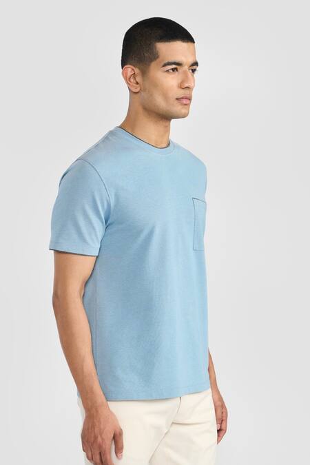 Perona_Blue Cotton, Polyester Solid Designer T-shirt _Online_at_Aza_Fashions
