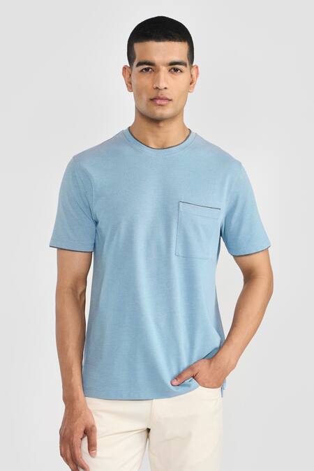 Shop_Perona_Blue Cotton, Polyester Solid Designer T-shirt _Online_at_Aza_Fashions