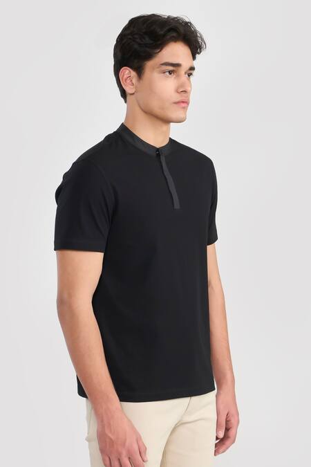 Perona Black Cotton, Nylon Designer T-shirt With Button Placket Online at Aza Fashions Perona_Black Cotton, Nylon Designer T-shirt With Button Placket _Online_at_Aza_Fashions
