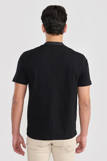 Shop Perona Black Cotton, Nylon Designer T-shirt With Button Placket at Aza Fashions Shop_Perona_Black Cotton, Nylon Designer T-shirt With Button Placket _at_Aza_Fashions