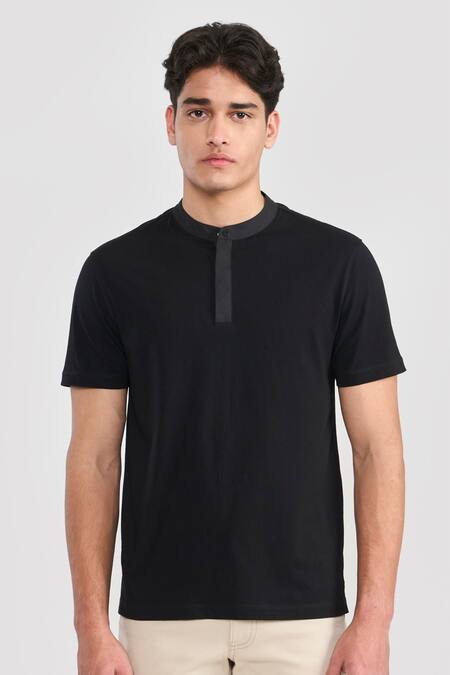 Shop Perona Black Cotton, Nylon Designer T-shirt With Button Placket Online at Aza Fashions Shop_Perona_Black Cotton, Nylon Designer T-shirt With Button Placket _Online_at_Aza_Fashions