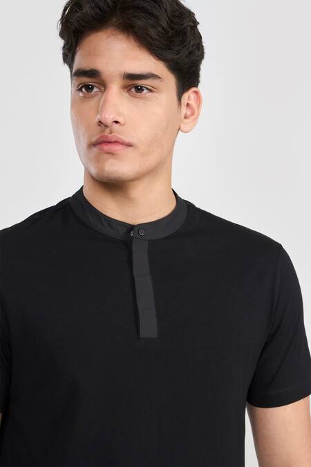 Perona Black Cotton, Nylon Designer T-shirt With Button Placket at Aza Fashions Perona_Black Cotton, Nylon Designer T-shirt With Button Placket _at_Aza_Fashions