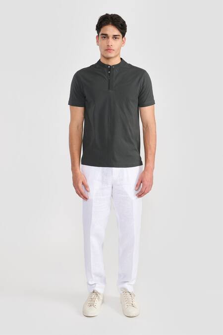 Buy_Perona_Green Cotton, Nylon Designer Olive T-shirt _Online_at_Aza_Fashions