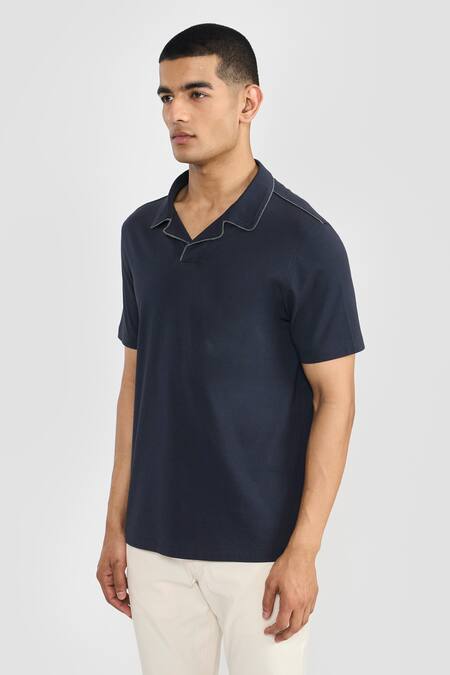 Buy_Perona_Blue Cotton Navy Designer T-shirt _Online_at_Aza_Fashions