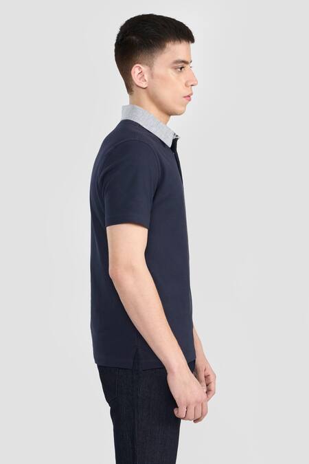 Perona_Blue Cotton, Linen Designer Polo T-shirt With Contrast Collar _Online_at_Aza_Fashions