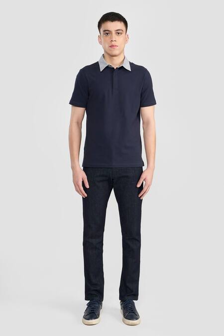 Buy_Perona_Blue Cotton, Linen Designer Polo T-shirt With Contrast Collar _Online_at_Aza_Fashions