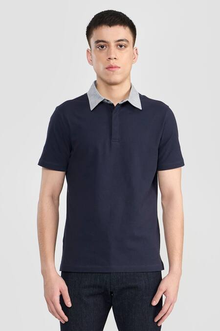 Shop_Perona_Blue Cotton, Linen Designer Polo T-shirt With Contrast Collar _Online_at_Aza_Fashions