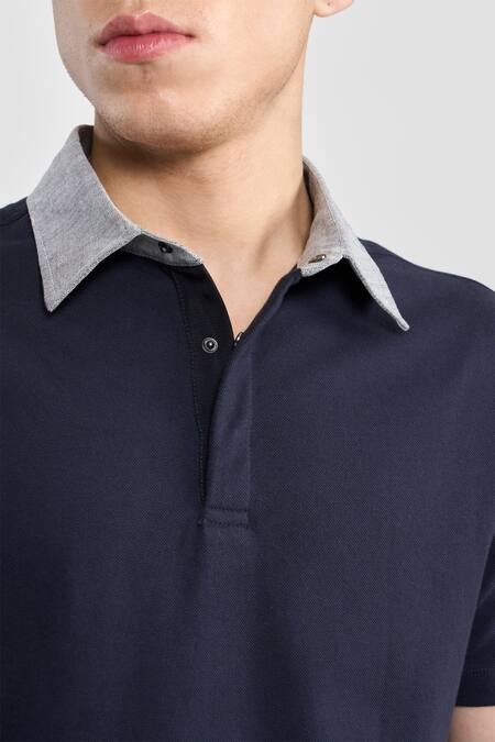Perona_Blue Cotton, Linen Designer Polo T-shirt With Contrast Collar _at_Aza_Fashions