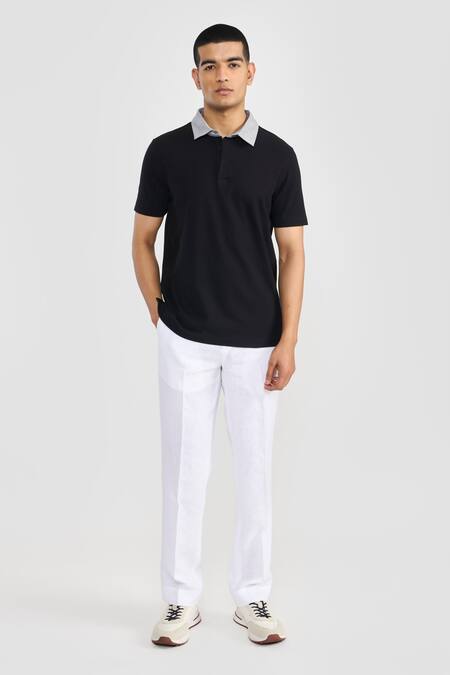 Perona Black Cotton, Linen Designer Polo T-shirt With Contrast Collar Online at Aza Fashions Perona_Black Cotton, Linen Designer Polo T-shirt With Contrast Collar _Online_at_Aza_Fashions