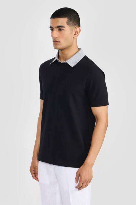 Buy Perona Black Cotton, Linen Designer Polo T-shirt With Contrast Collar Online at Aza Fashions Buy_Perona_Black Cotton, Linen Designer Polo T-shirt With Contrast Collar _Online_at_Aza_Fashions