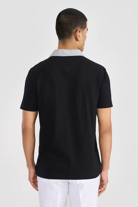 Shop Perona Black Cotton, Linen Designer Polo T-shirt With Contrast Collar at Aza Fashions Shop_Perona_Black Cotton, Linen Designer Polo T-shirt With Contrast Collar _at_Aza_Fashions