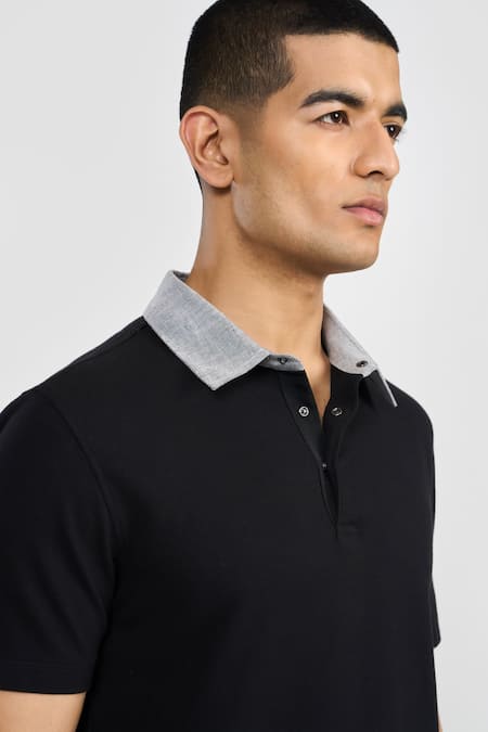 Shop Perona Black Cotton, Linen Designer Polo T-shirt With Contrast Collar Online at Aza Fashions Shop_Perona_Black Cotton, Linen Designer Polo T-shirt With Contrast Collar _Online_at_Aza_Fashions
