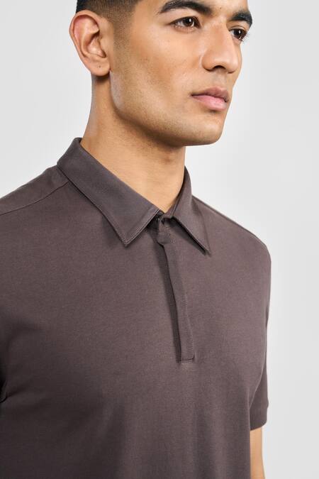 Shop_Perona_Brown Cotton Designer Polo T-shirt_Online_at_Aza_Fashions