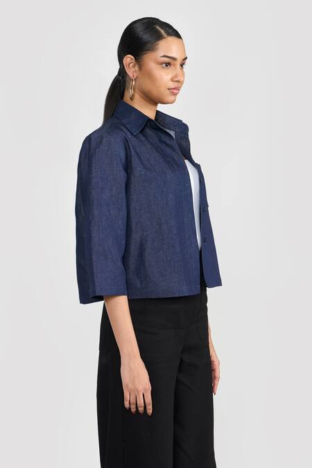 Perona Blue Linen, Cotton Collared Cropped Blend Shirt Online at Aza Fashions Perona_Blue Linen, Cotton Collared Cropped Blend Shirt _Online_at_Aza_Fashions