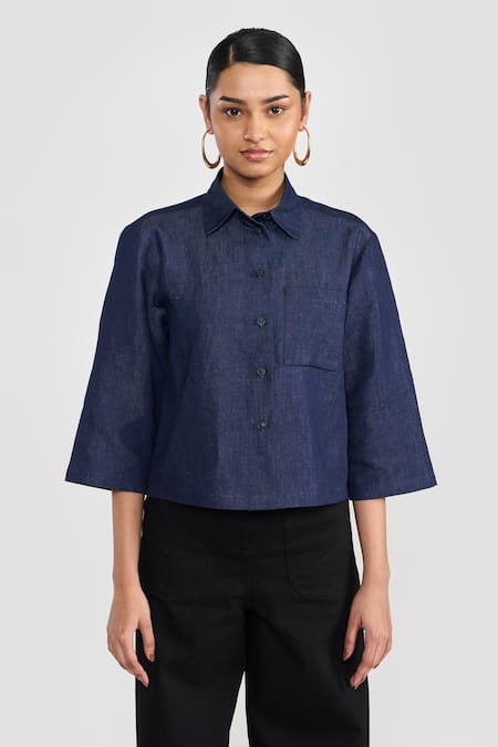 Buy Perona Blue Linen, Cotton Collared Cropped Blend Shirt Online at Aza Fashions Buy_Perona_Blue Linen, Cotton Collared Cropped Blend Shirt _Online_at_Aza_Fashions