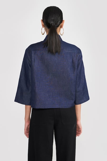 Shop Perona Blue Linen, Cotton Collared Cropped Blend Shirt at Aza Fashions Shop_Perona_Blue Linen, Cotton Collared Cropped Blend Shirt _at_Aza_Fashions
