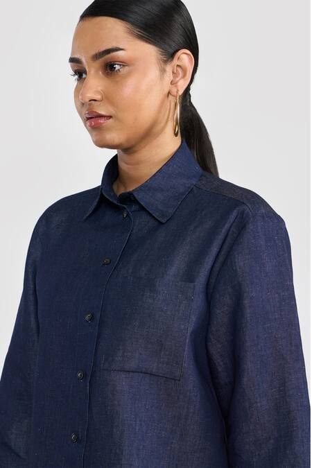 Shop Perona Blue Linen, Cotton Collared Cropped Blend Shirt Online at Aza Fashions Shop_Perona_Blue Linen, Cotton Collared Cropped Blend Shirt _Online_at_Aza_Fashions